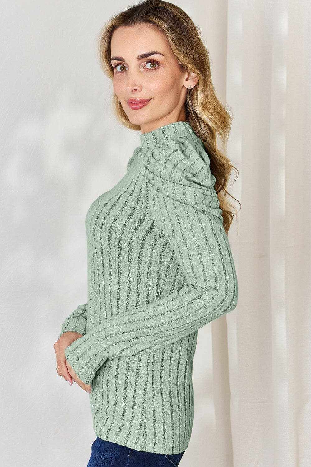 Ribbed mock neck top with puff sleeves - Love Salve